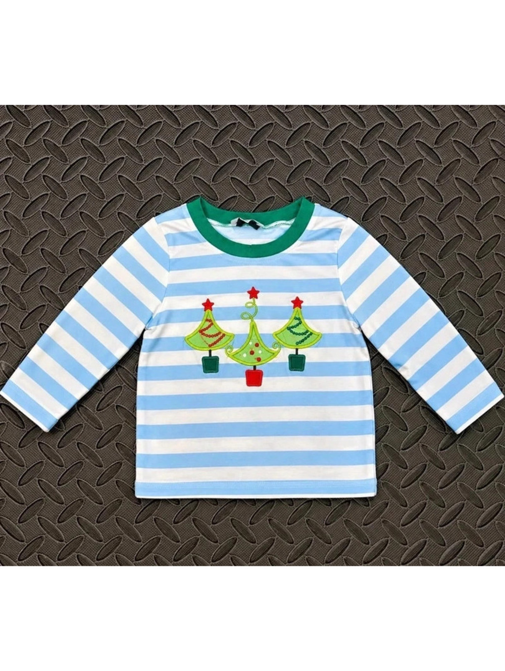 Busy Bee Smocks Christmas Tree Shirt Blue Stripe Long Sleeve 2T